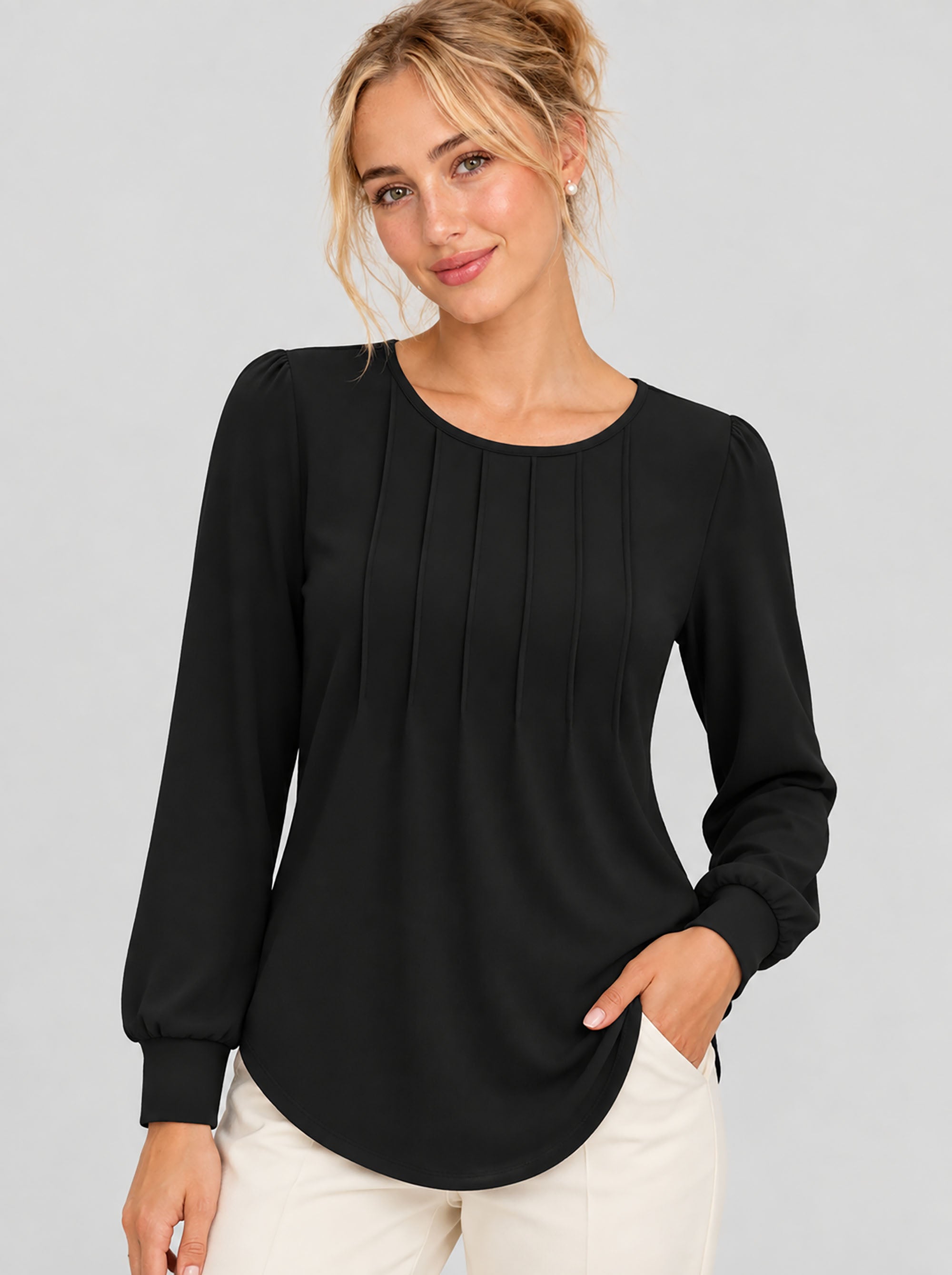 Womens Pleated Puff Sleeve Crew Neck Long Sleeve Tunic Top
