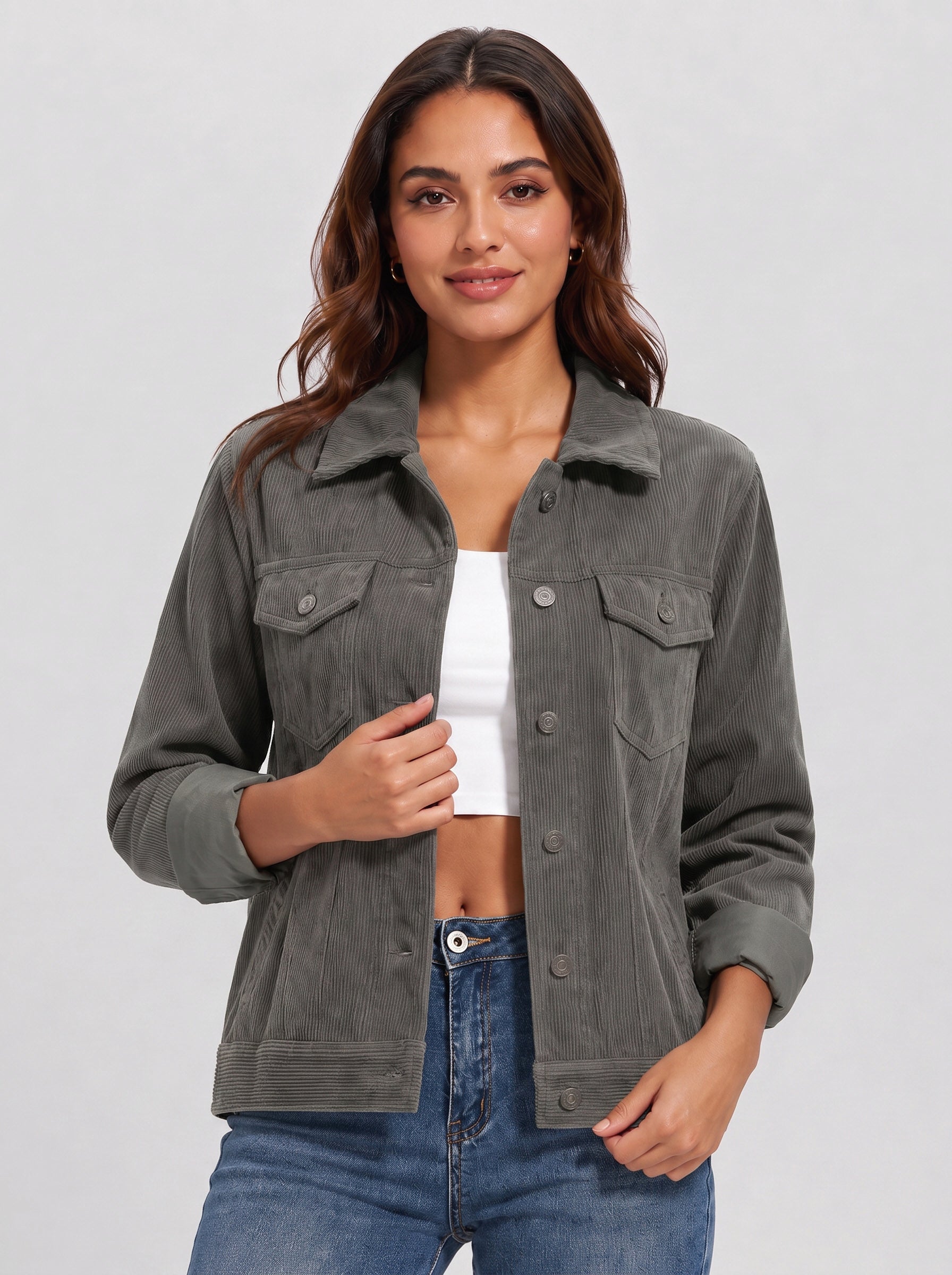 Women's Lightweight Cropped Corduroy Shacket with 4 Pockets Button Down Casual Jacket