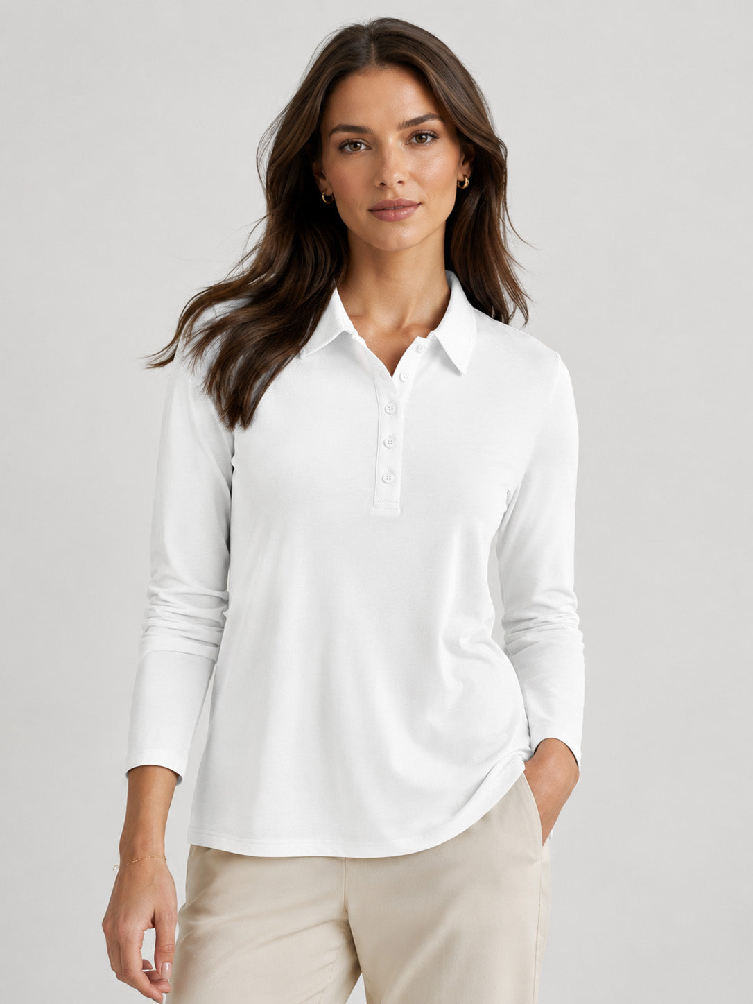 Women's Long Sleeve Golf Shirt Breathable Cotton Blend 5-Button Top
