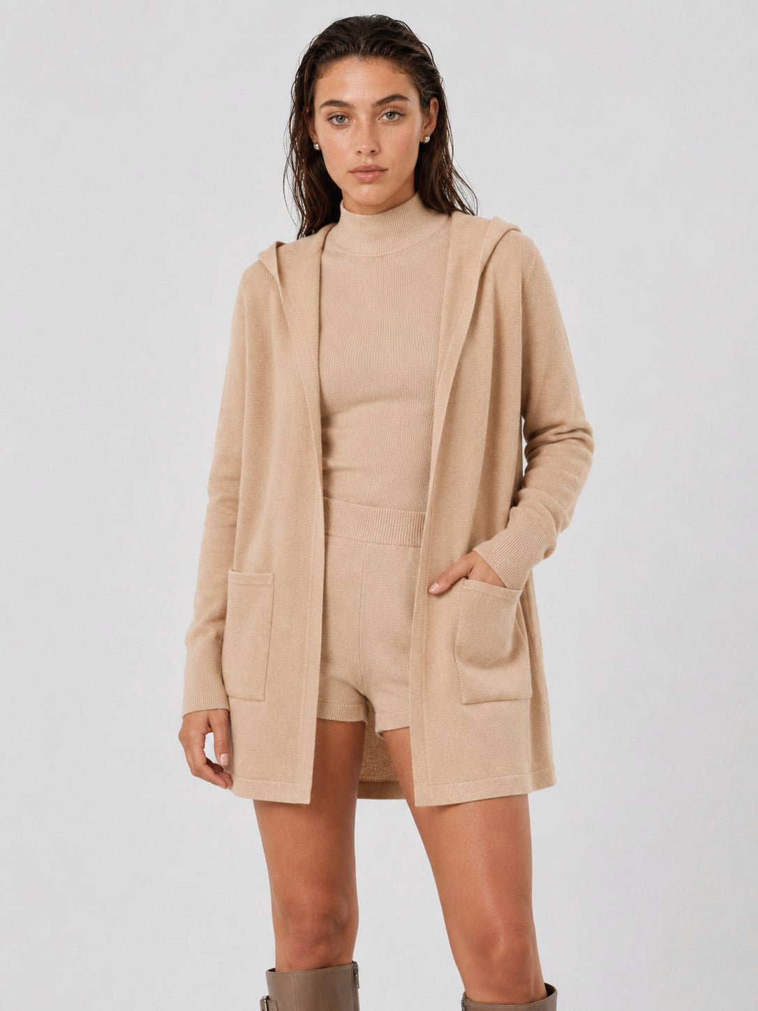 YUCOLEN Women's Hooded Open Front Cardigan Soft Knit Mid-Thigh Coatigan with Pockets in Apricot Yellow