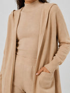 YUCOLEN Women's Hooded Open Front Cardigan Soft Knit Mid-Thigh Coatigan with Pockets in Apricot Yellow