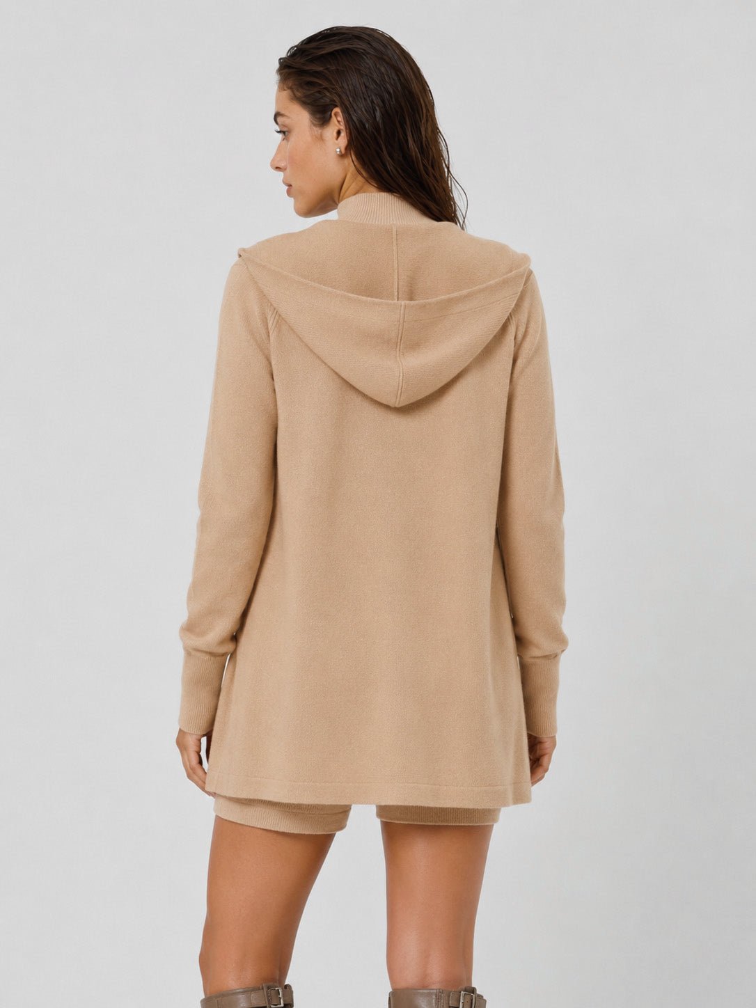 YUCOLEN Women's Hooded Open Front Cardigan Soft Knit Mid-Thigh Coatigan with Pockets in Apricot Yellow