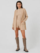 YUCOLEN Women's Hooded Open Front Cardigan Soft Knit Mid-Thigh Coatigan with Pockets in Apricot Yellow