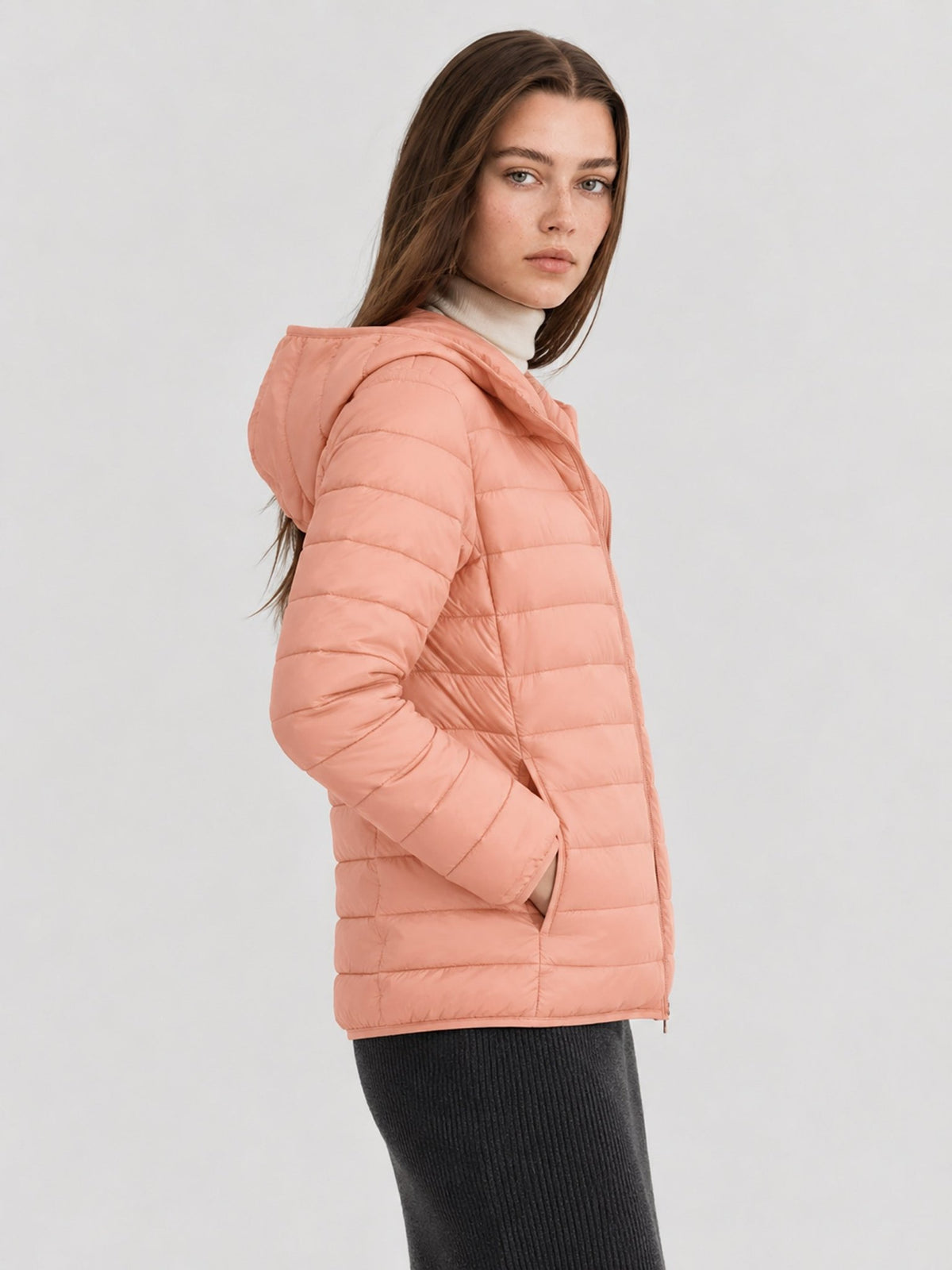 YUCOLEN Women Lightweight Hooded Jacket Water-Resistant Quilted Outdoor Coat in Apricot