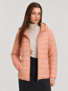 YUCOLEN Women Lightweight Hooded Jacket Water-Resistant Quilted Outdoor Coat in Apricot