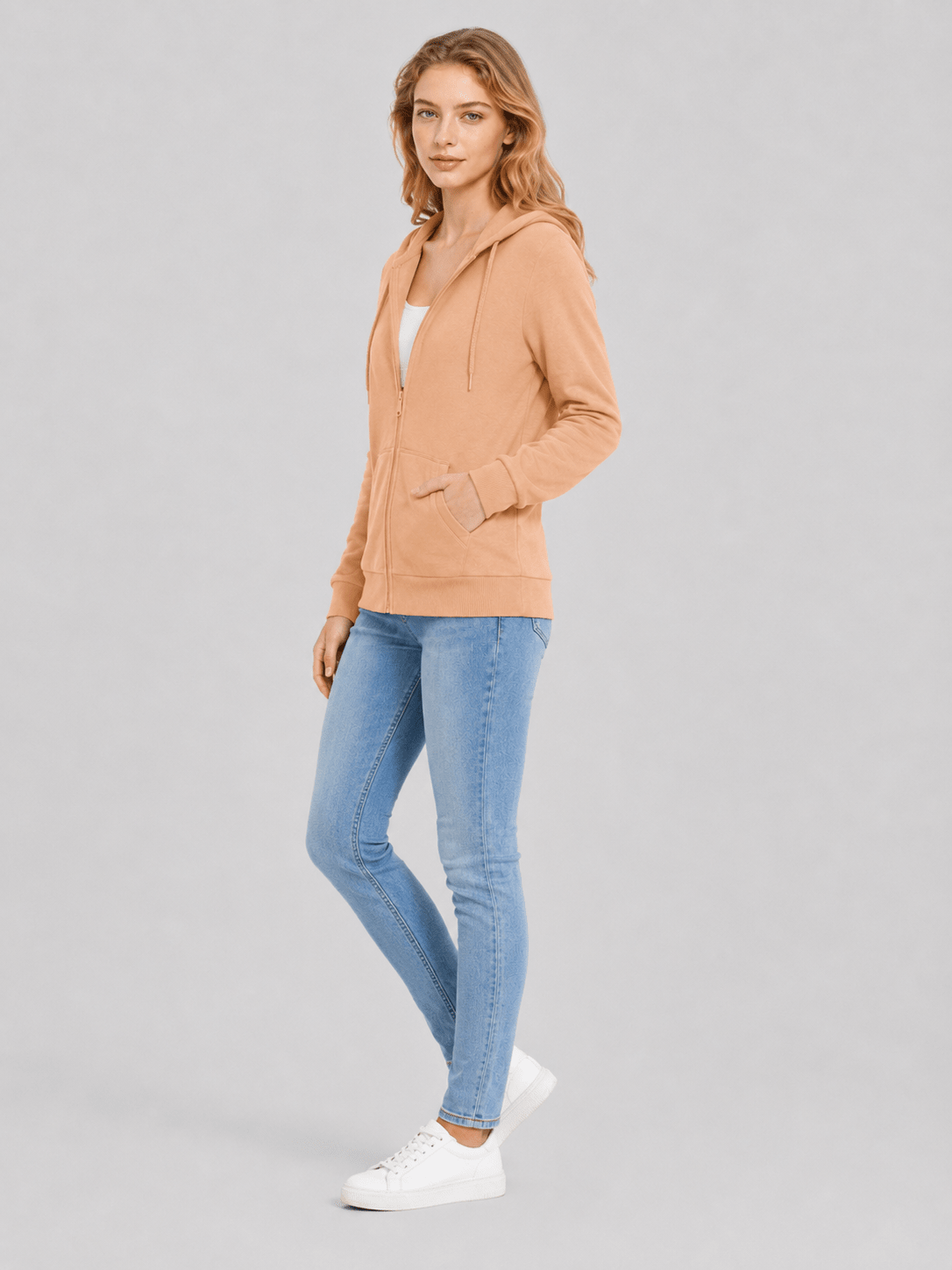 YUCOLEN Women's Fleece Lined Zip Up Hoodie Lightweight Athletic Hooded Sweatshirt in Apricot