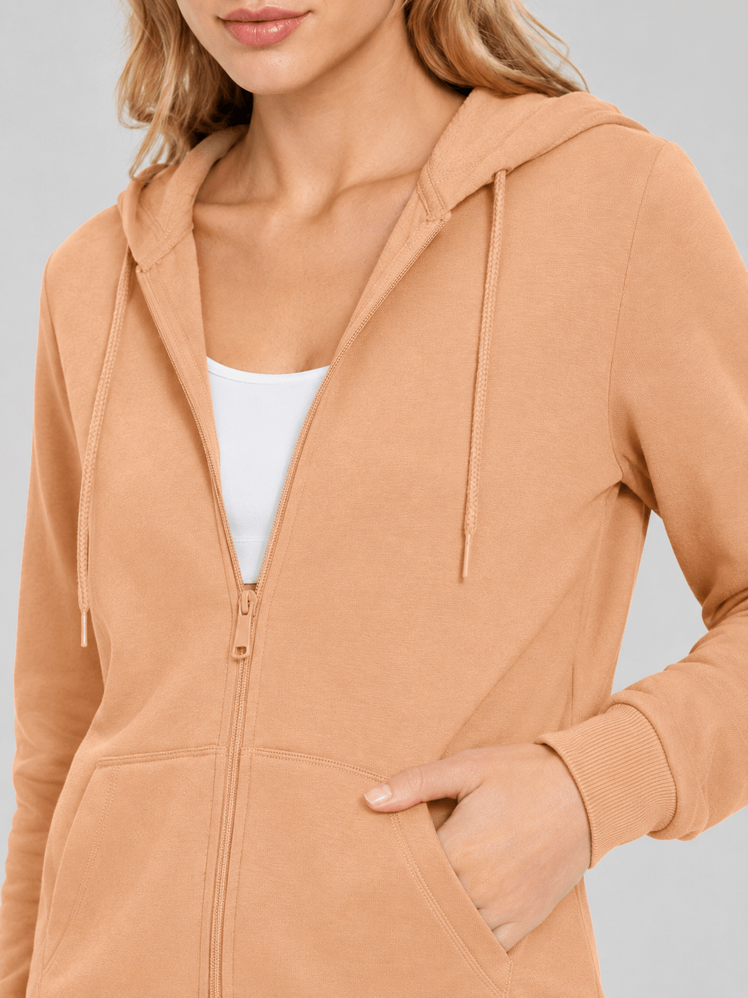 YUCOLEN Women's Fleece Lined Zip Up Hoodie Lightweight Athletic Hooded Sweatshirt in Apricot