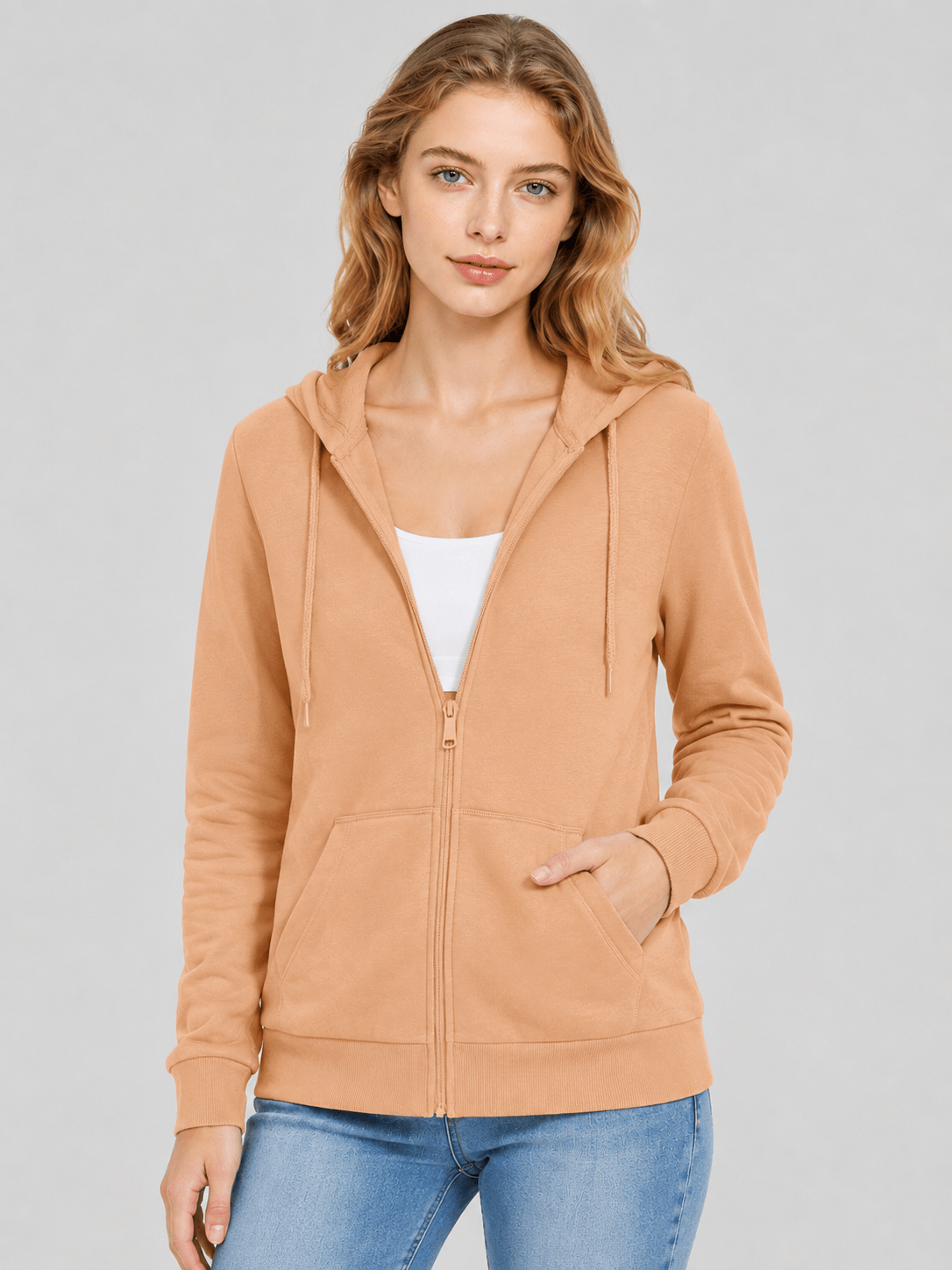 YUCOLEN Women's Fleece Lined Zip Up Hoodie Lightweight Athletic Hooded Sweatshirt in Apricot
