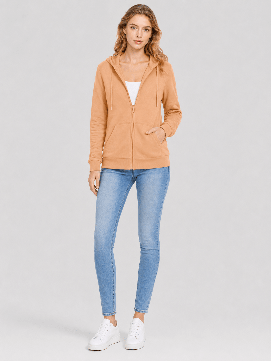 YUCOLEN Women's Fleece Lined Zip Up Hoodie Lightweight Athletic Hooded Sweatshirt in Apricot