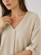 YUCOLEN Women's Lightweight V-Neck Flowy Blouse with 3/4 Flutter Sleeves in Apricot