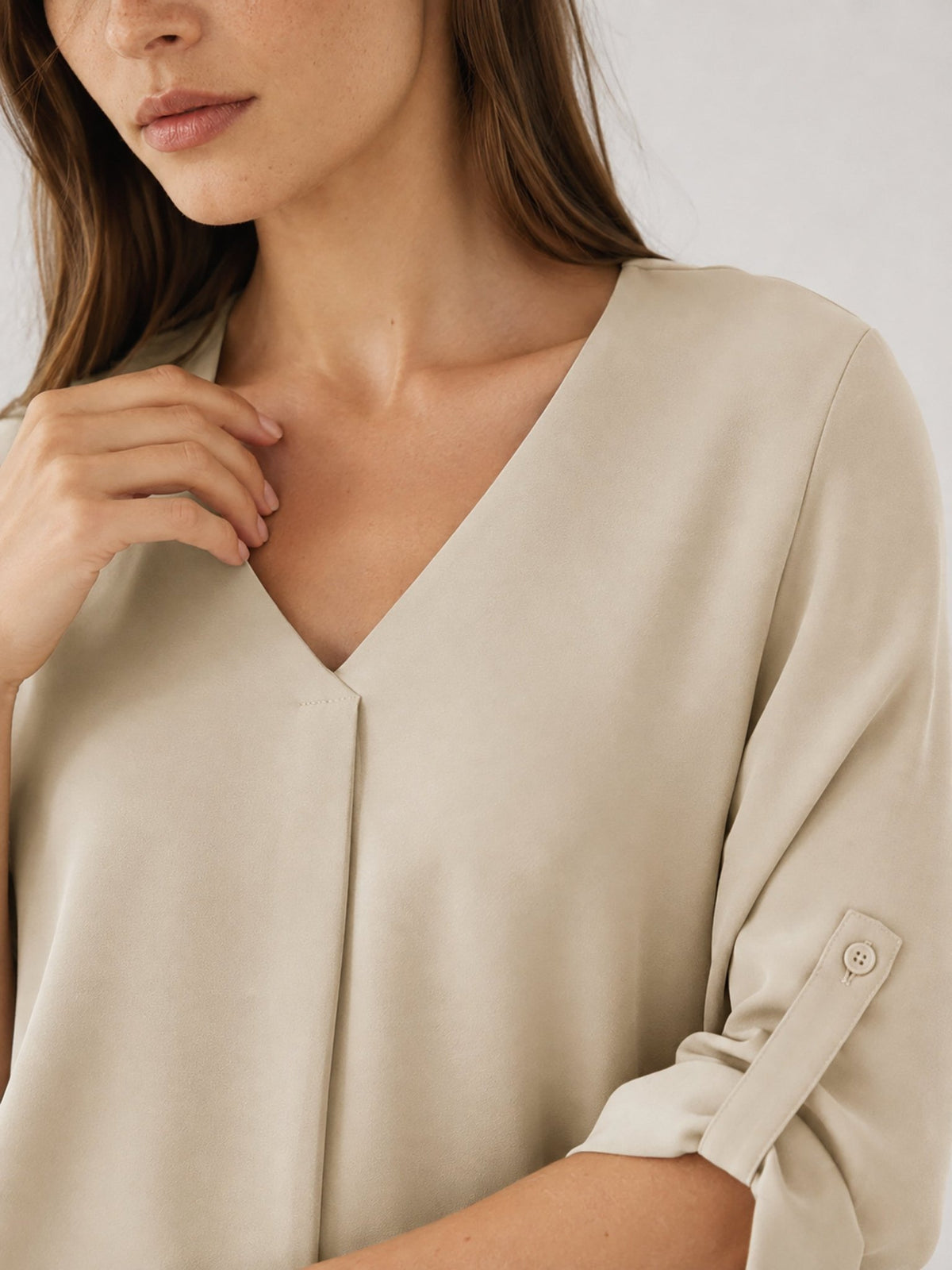 YUCOLEN Women's Lightweight V-Neck Flowy Blouse with 3/4 Flutter Sleeves in Apricot