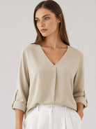 YUCOLEN Women's Lightweight V-Neck Flowy Blouse with 3/4 Flutter Sleeves in Apricot