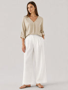 YUCOLEN Women's Lightweight V-Neck Flowy Blouse with 3/4 Flutter Sleeves in Apricot