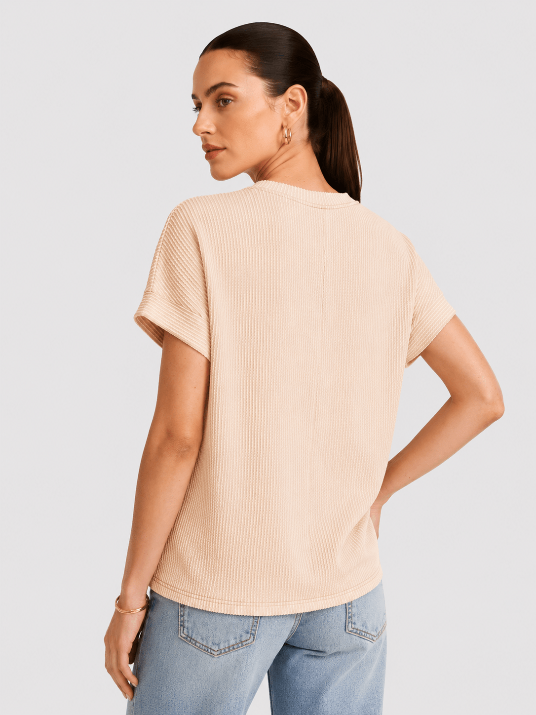 YUCOLEN Women's Oversized Ribbed Knit Short Sleeve T-Shirt Loose Batwing Casual Top in Apricot