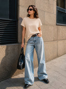 YUCOLEN Women's Oversized Ribbed Knit Short Sleeve T-Shirt Loose Batwing Casual Top in Apricot