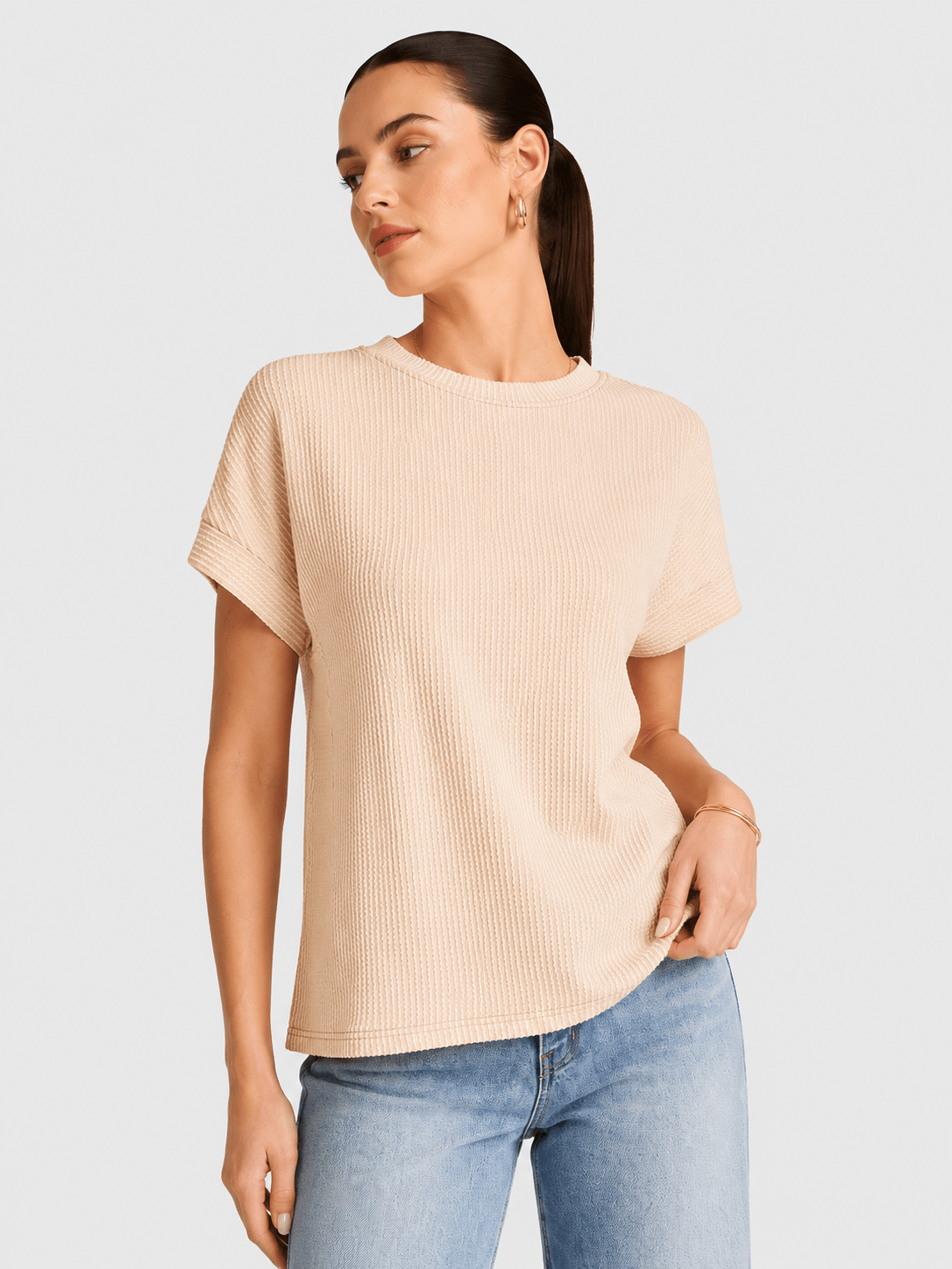 YUCOLEN Women's Oversized Ribbed Knit Short Sleeve T-Shirt Loose Batwing Casual Top in Apricot