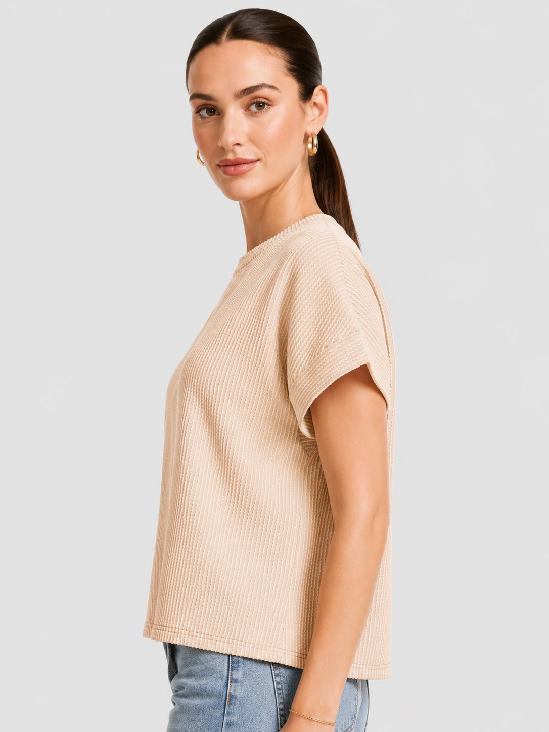 YUCOLEN Women's Oversized Ribbed Knit Short Sleeve T-Shirt Loose Batwing Casual Top in Apricot