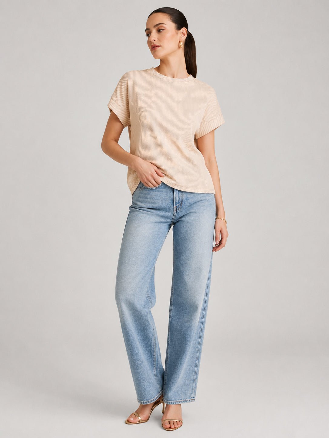 YUCOLEN Women's Oversized Ribbed Knit Short Sleeve T-Shirt Loose Batwing Casual Top in Apricot