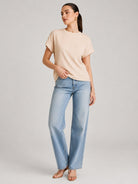 YUCOLEN Women's Oversized Ribbed Knit Short Sleeve T-Shirt Loose Batwing Casual Top in Apricot