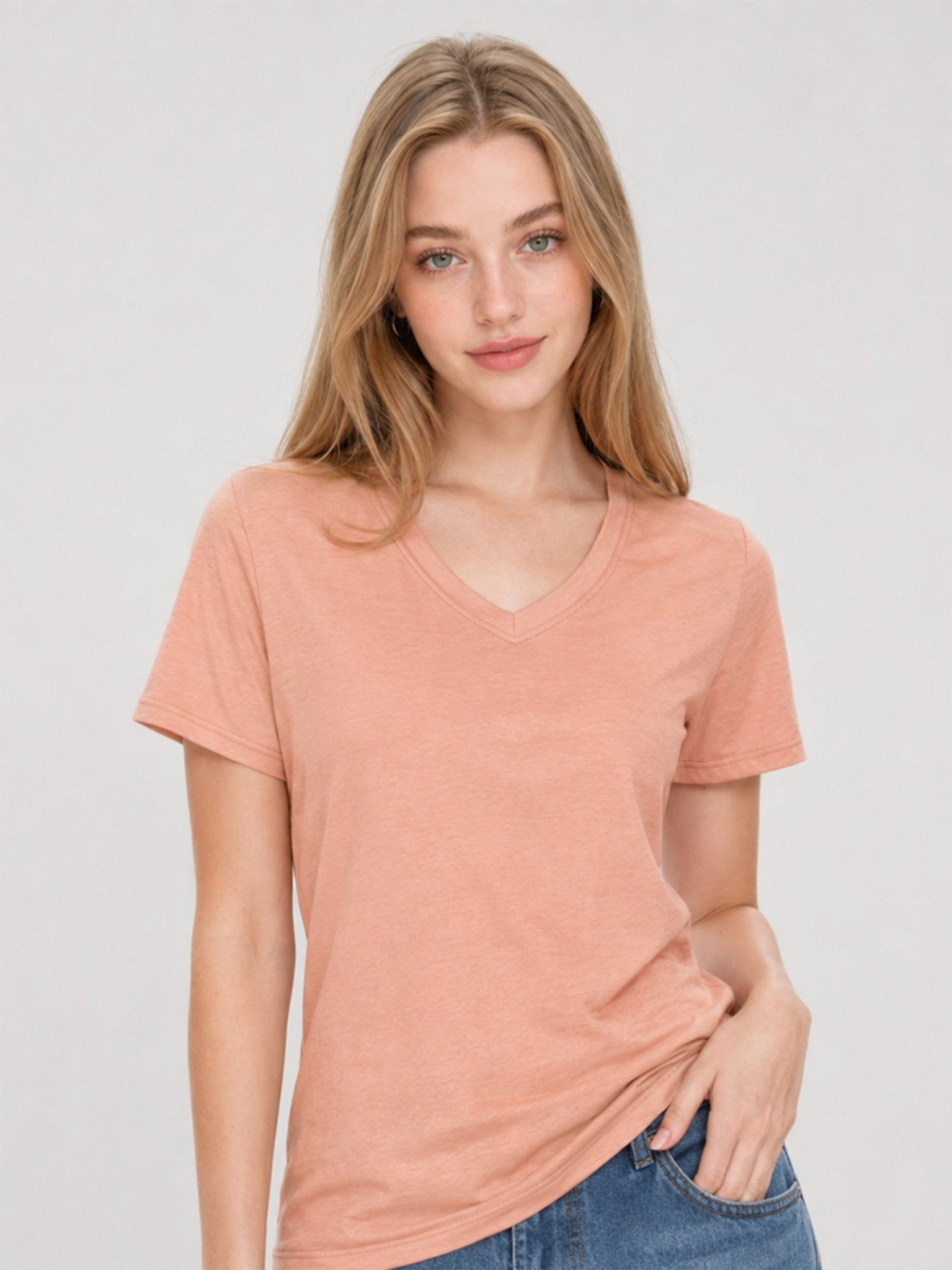 YUCOLEN Women's Premium Cotton V-Neck T-Shirt Breathable Tag-Free Short Sleeve Tee in Apricot