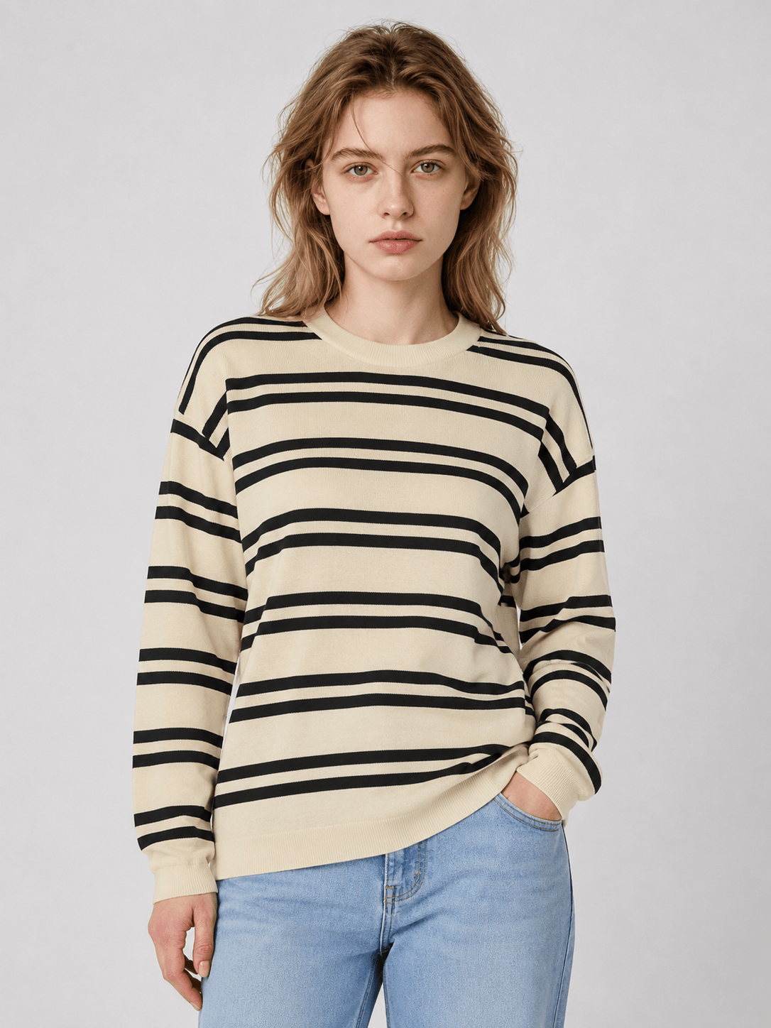 YUCOLEN Women's Striped Crewneck Sweater Soft Knit Casual Loose Fit Pullover for Fall Winter in Apricot