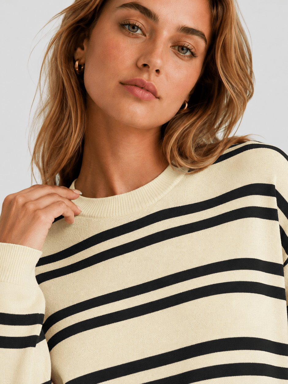 YUCOLEN Women's Striped Crewneck Sweater Soft Knit Casual Loose Fit Pullover for Fall Winter in Apricot