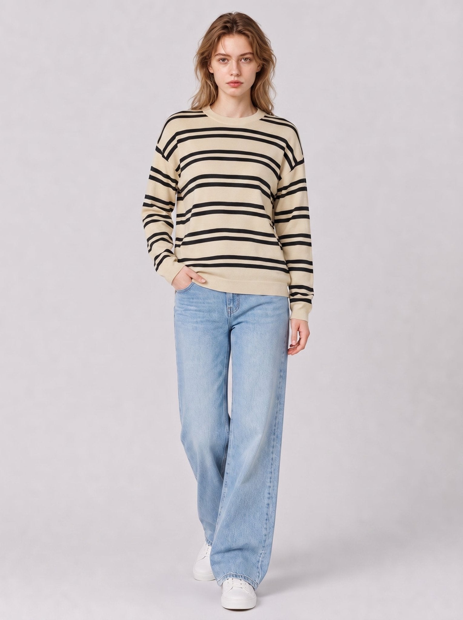 YUCOLEN Women's Striped Crewneck Sweater Soft Knit Casual Loose Fit Pullover for Fall Winter in Apricot