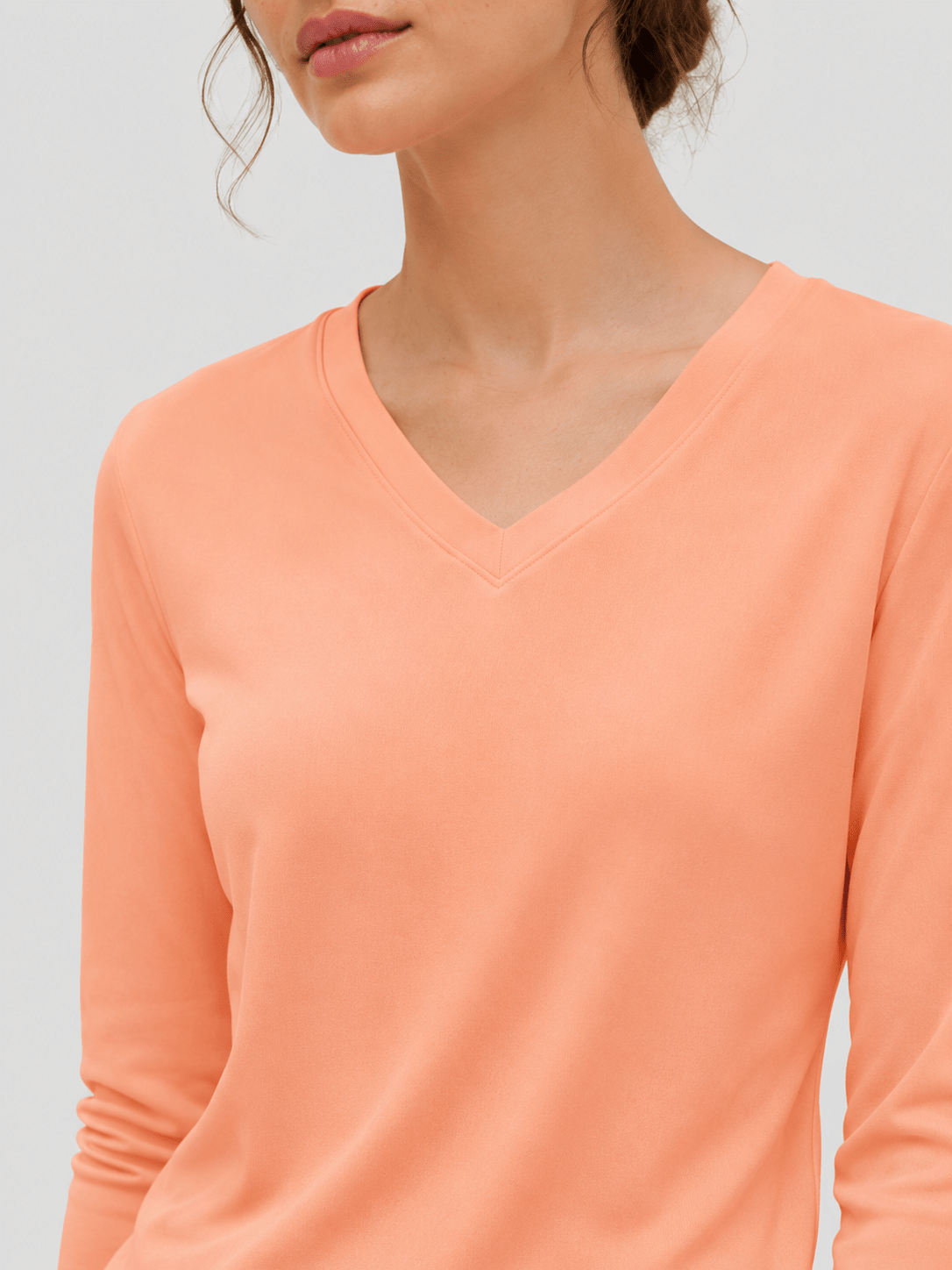 YUCOLEN Women's V Neck Long Sleeve Shirt Cotton Blend Soft Performance Tee in Apricot