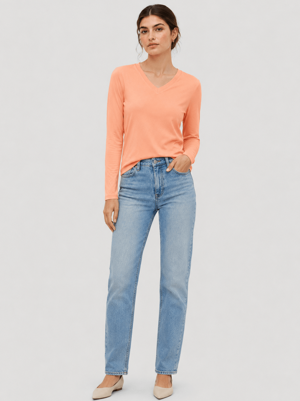 YUCOLEN Women's V Neck Long Sleeve Shirt Cotton Blend Soft Performance Tee in Apricot