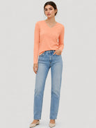 YUCOLEN Women's V Neck Long Sleeve Shirt Cotton Blend Soft Performance Tee in Apricot