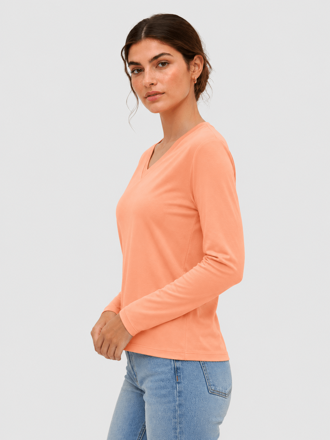 YUCOLEN Women's V Neck Long Sleeve Shirt Cotton Blend Soft Performance Tee in Apricot