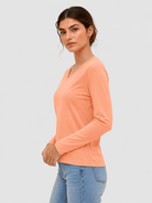 YUCOLEN Women's V Neck Long Sleeve Shirt Cotton Blend Soft Performance Tee in Apricot