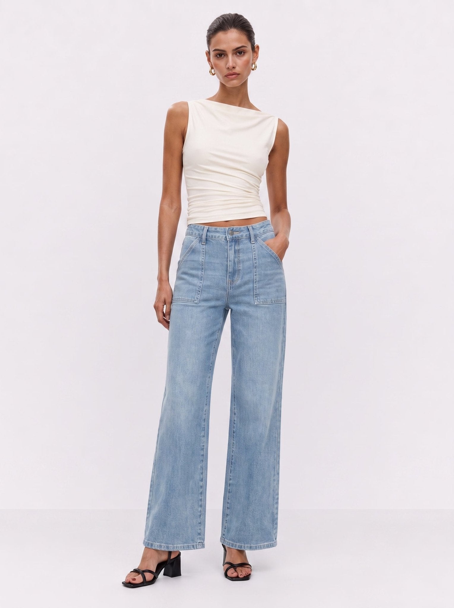 YUCOLEN Women's High Waisted Straight Leg Stretchy Denim Jeans with Pockets in Aqua Blue