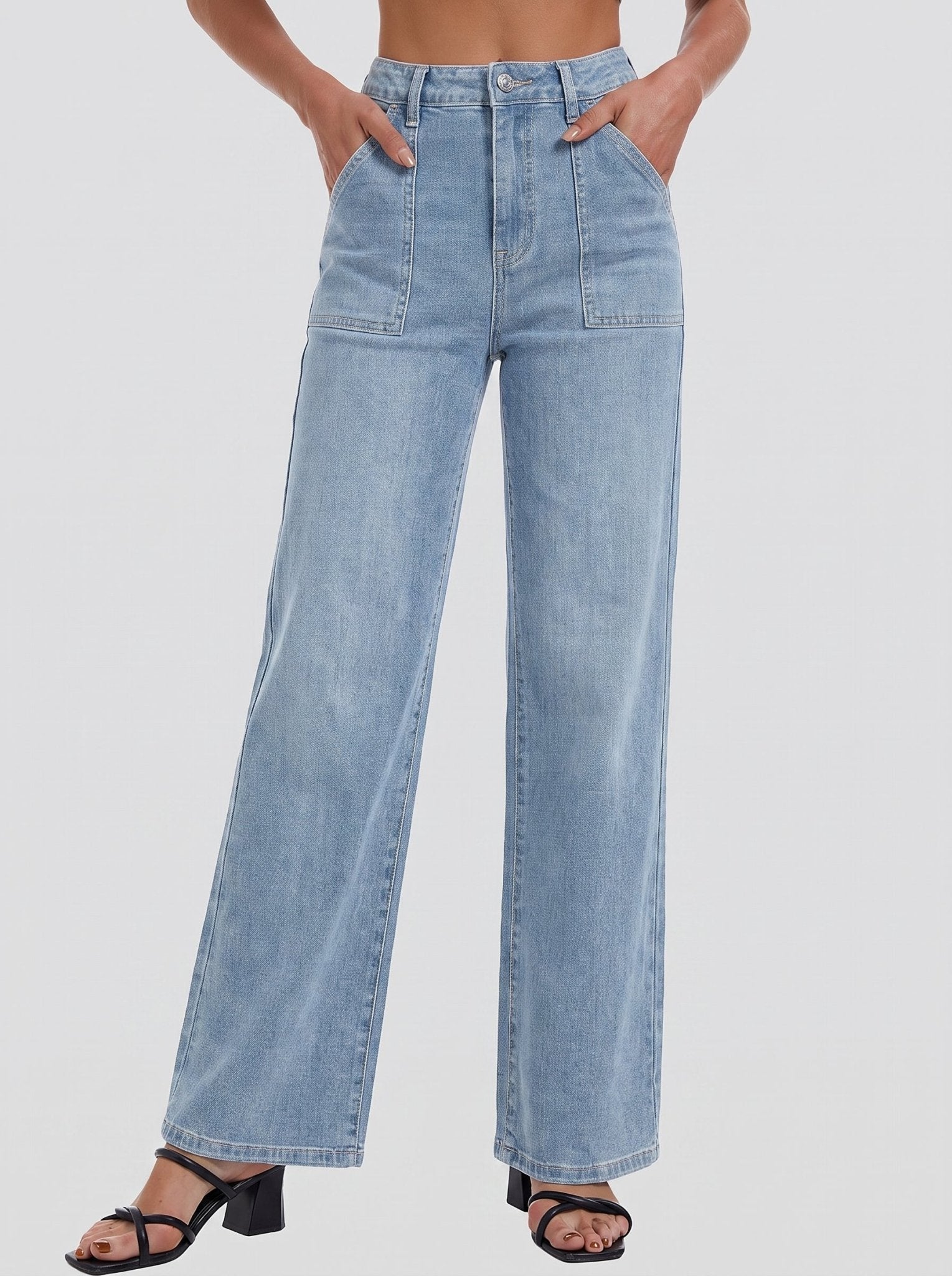 YUCOLEN Women's High Waisted Straight Leg Stretchy Denim Jeans with Pockets in Aqua Blue