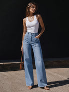 YUCOLEN Women's High Waisted Straight Leg Stretchy Denim Jeans with Pockets in Aqua Blue