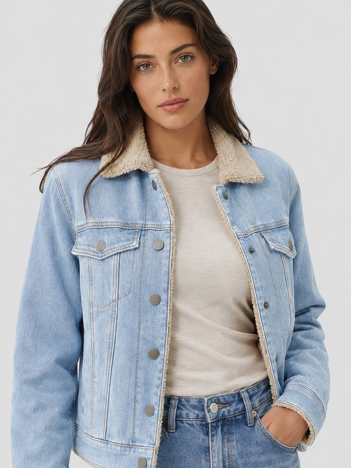 YUCOLEN Women's Warm Sherpa Lined Denim Jacket with Fleece Collar and Pockets in Aqua Blue