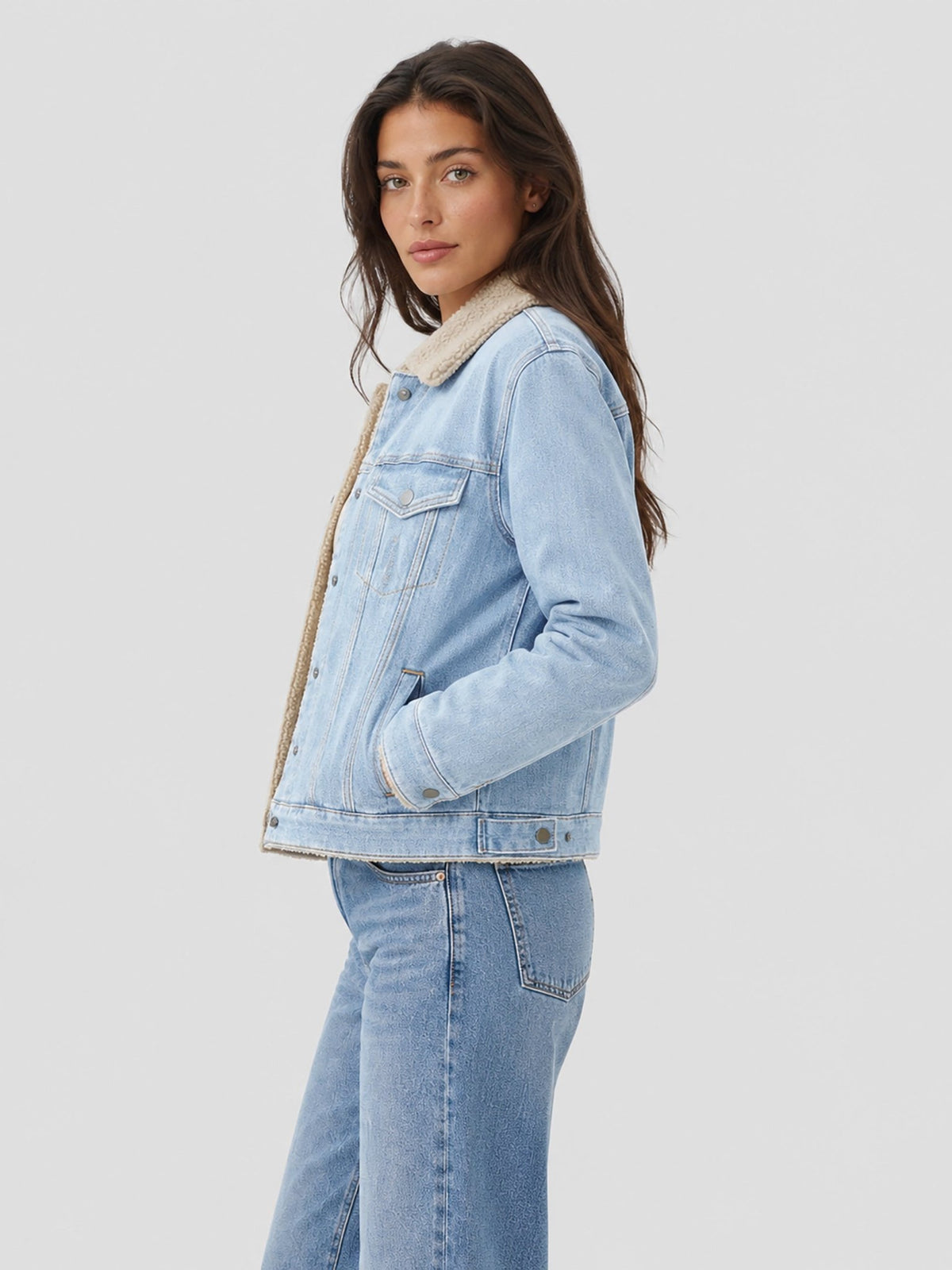 YUCOLEN Women's Warm Sherpa Lined Denim Jacket with Fleece Collar and Pockets in Aqua Blue