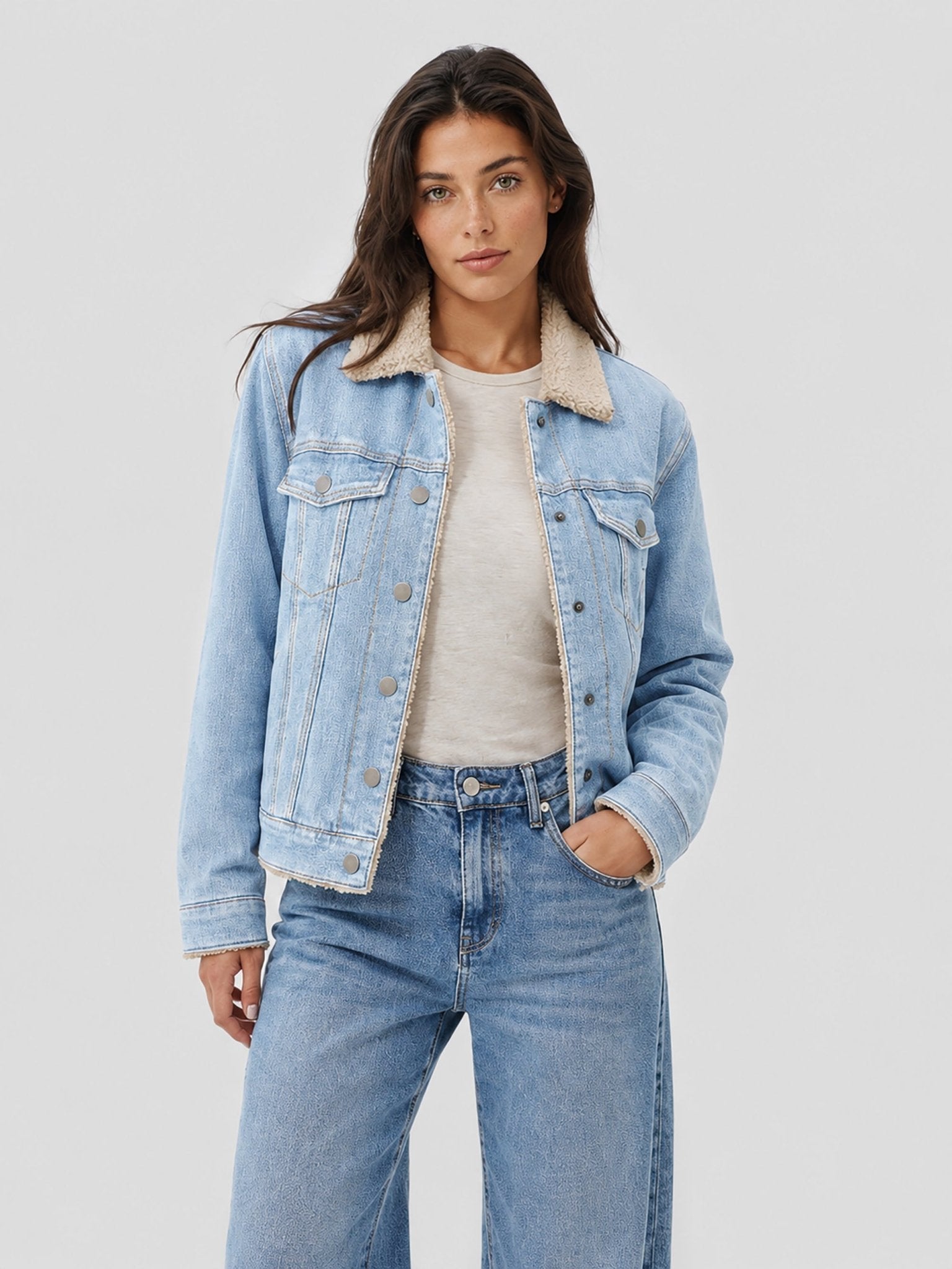 YUCOLEN Women's Warm Sherpa Lined Denim Jacket with Fleece Collar and Pockets in Aqua Blue