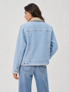 YUCOLEN Women's Warm Sherpa Lined Denim Jacket with Fleece Collar and Pockets in Aqua Blue