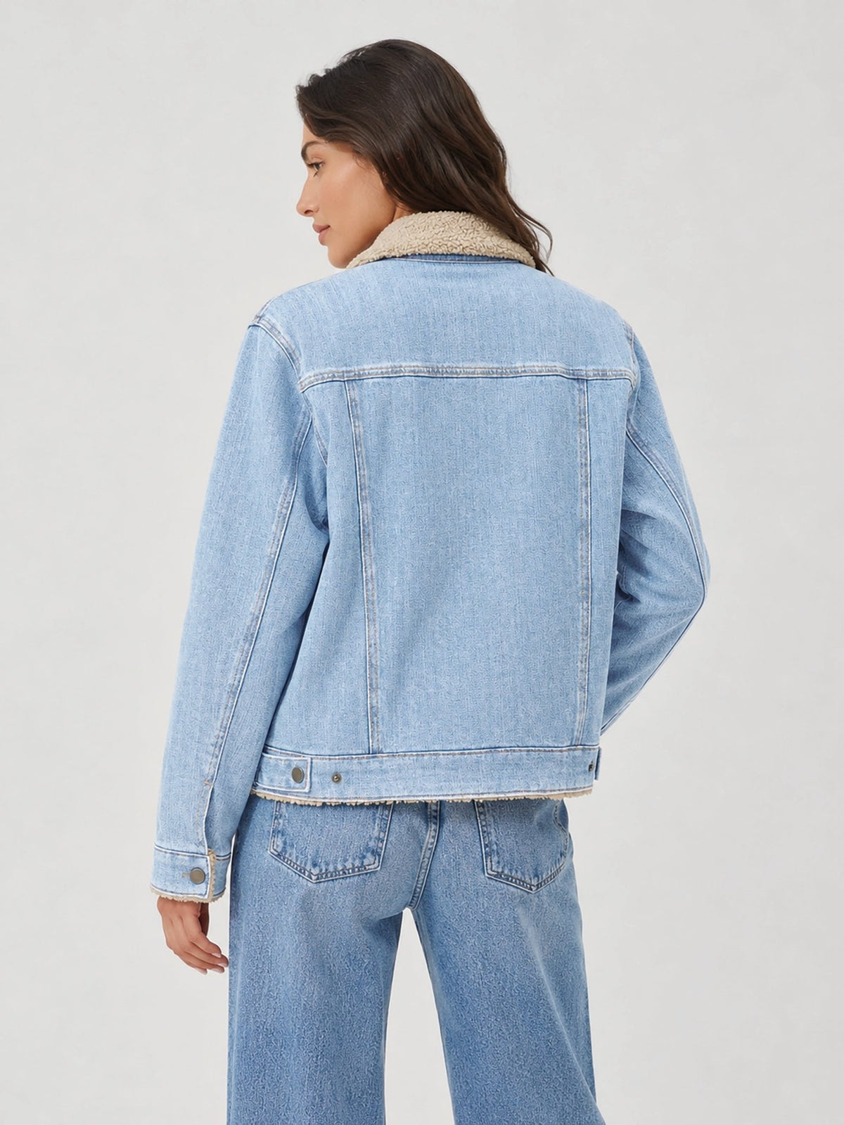 YUCOLEN Women's Warm Sherpa Lined Denim Jacket with Fleece Collar and Pockets in Aqua Blue
