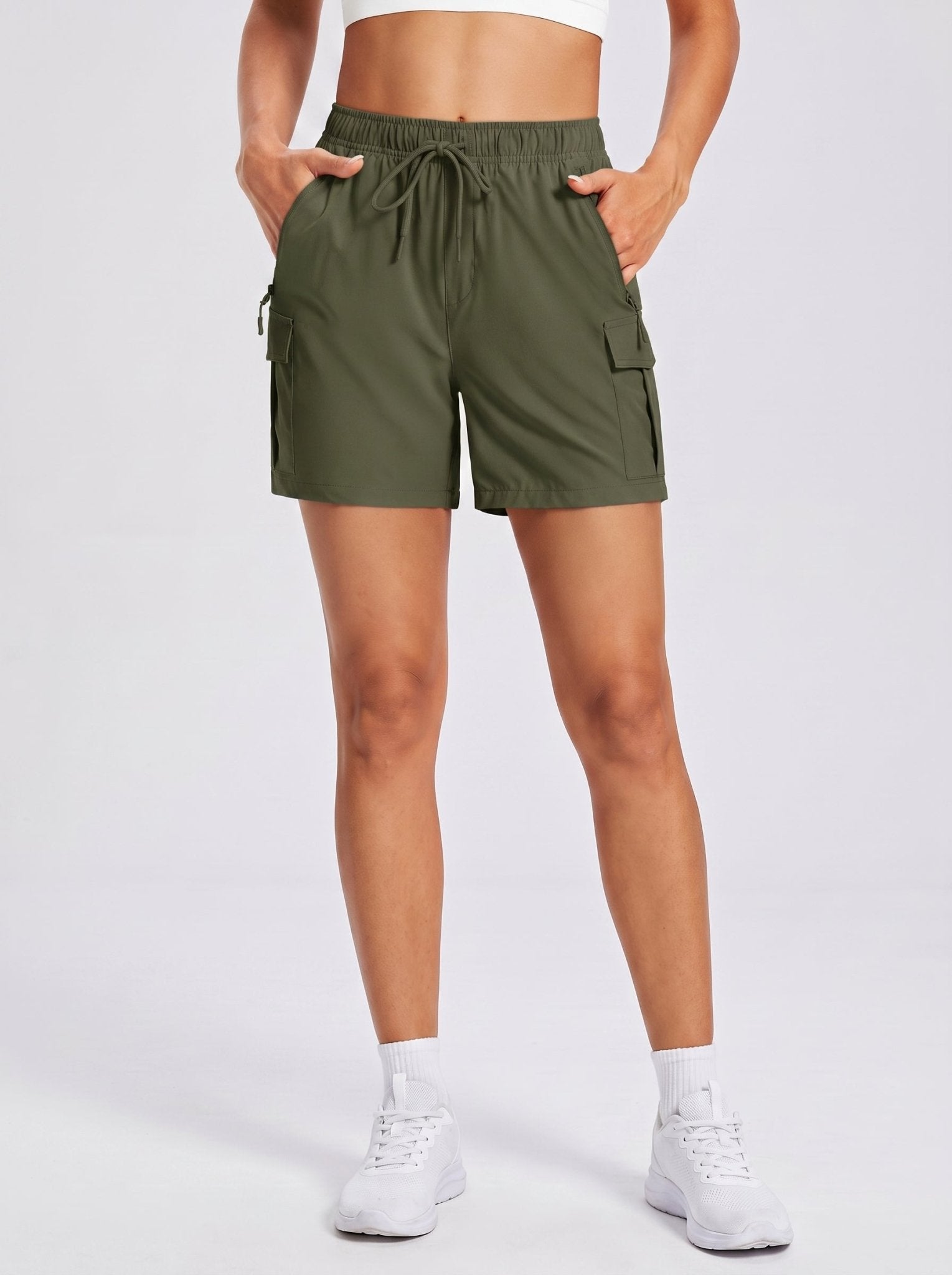 YUCOLEN Women's 5 Inch Quick Dry Hiking Cargo Shorts UPF 50 Plus Lightweight Athletic Shorts in Army Green