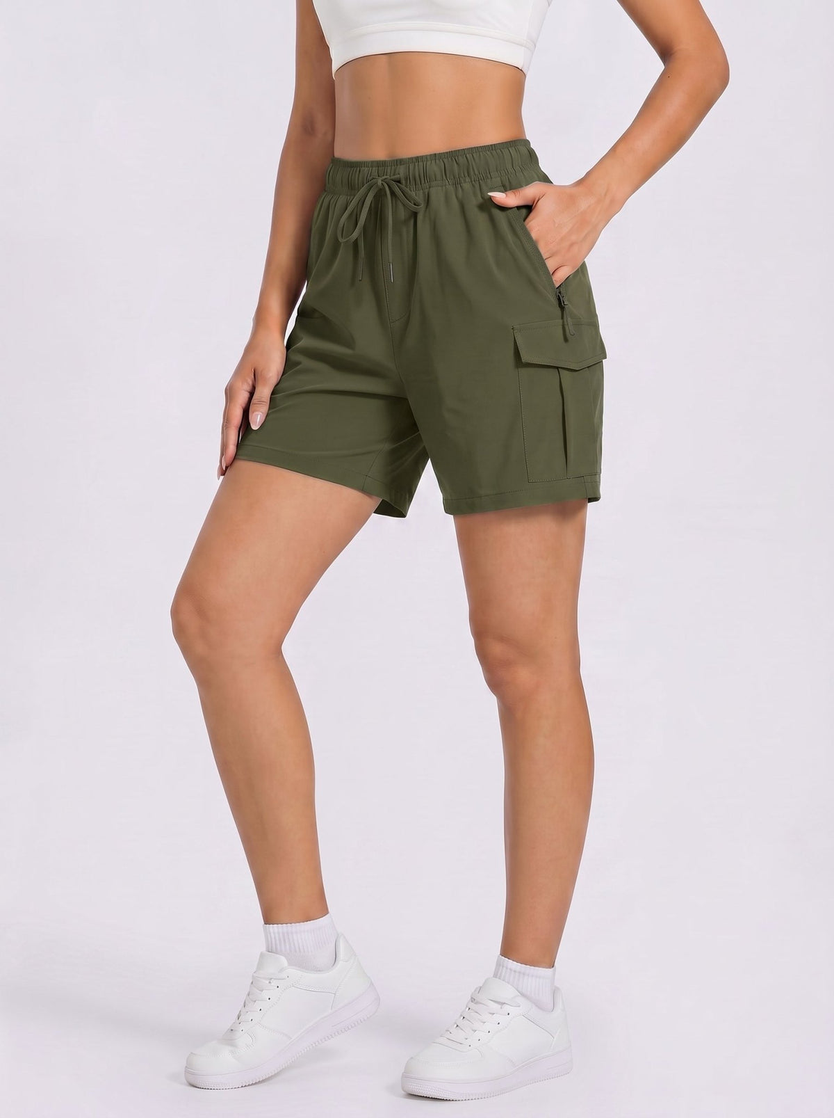 YUCOLEN Women's 5 Inch Quick Dry Hiking Cargo Shorts UPF 50 Plus Lightweight Athletic Shorts in Army Green
