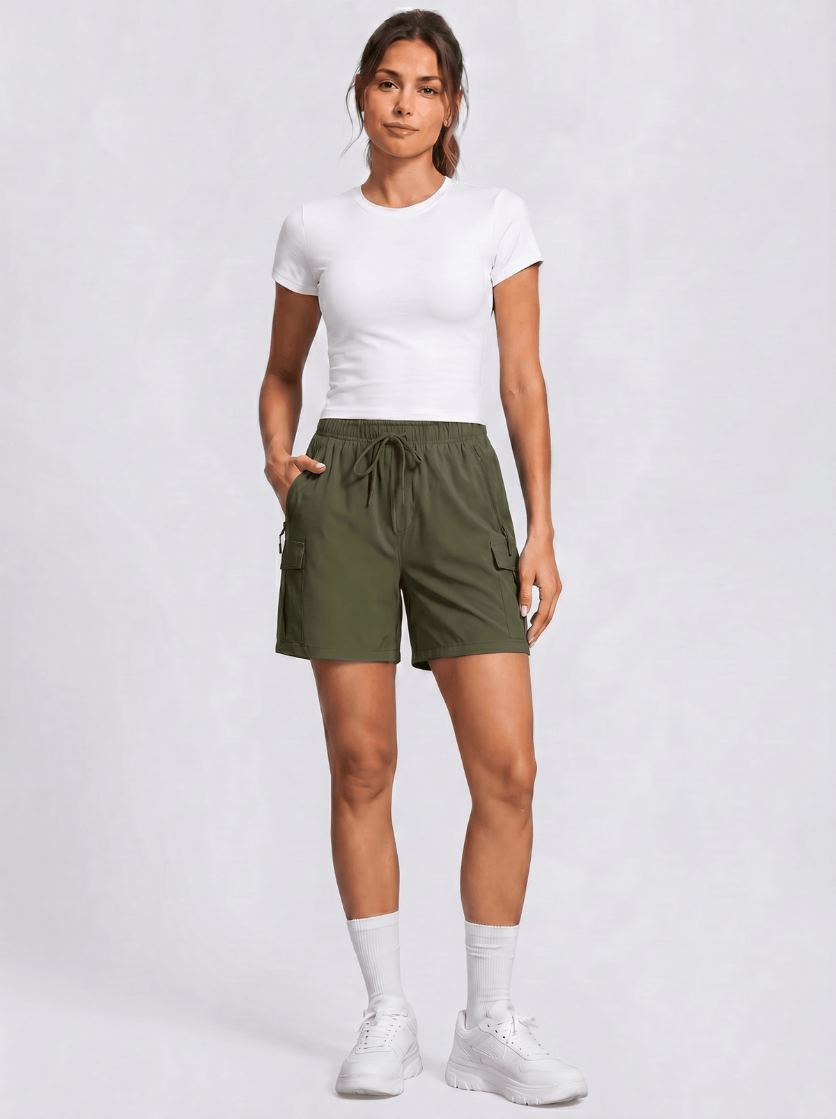 YUCOLEN Women's 5 Inch Quick Dry Hiking Cargo Shorts UPF 50 Plus Lightweight Athletic Shorts in Army Green