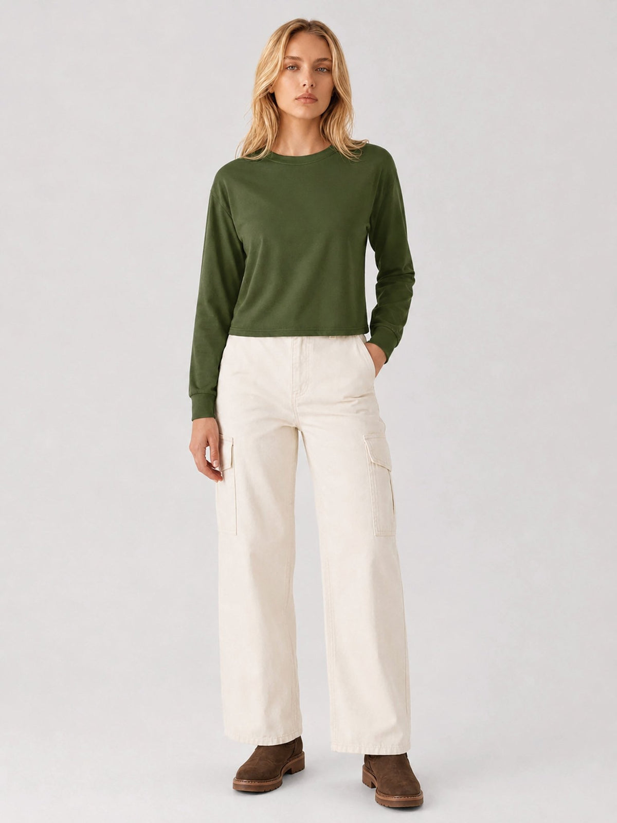 YUCOLEN Women's Breathable Cotton Blend Long Sleeve Crewneck Cropped Top in Army Green