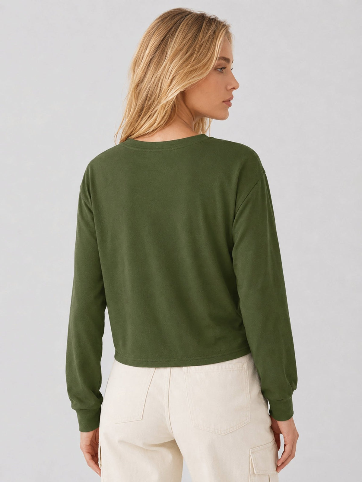 YUCOLEN Women's Breathable Cotton Blend Long Sleeve Crewneck Cropped Top in Army Green