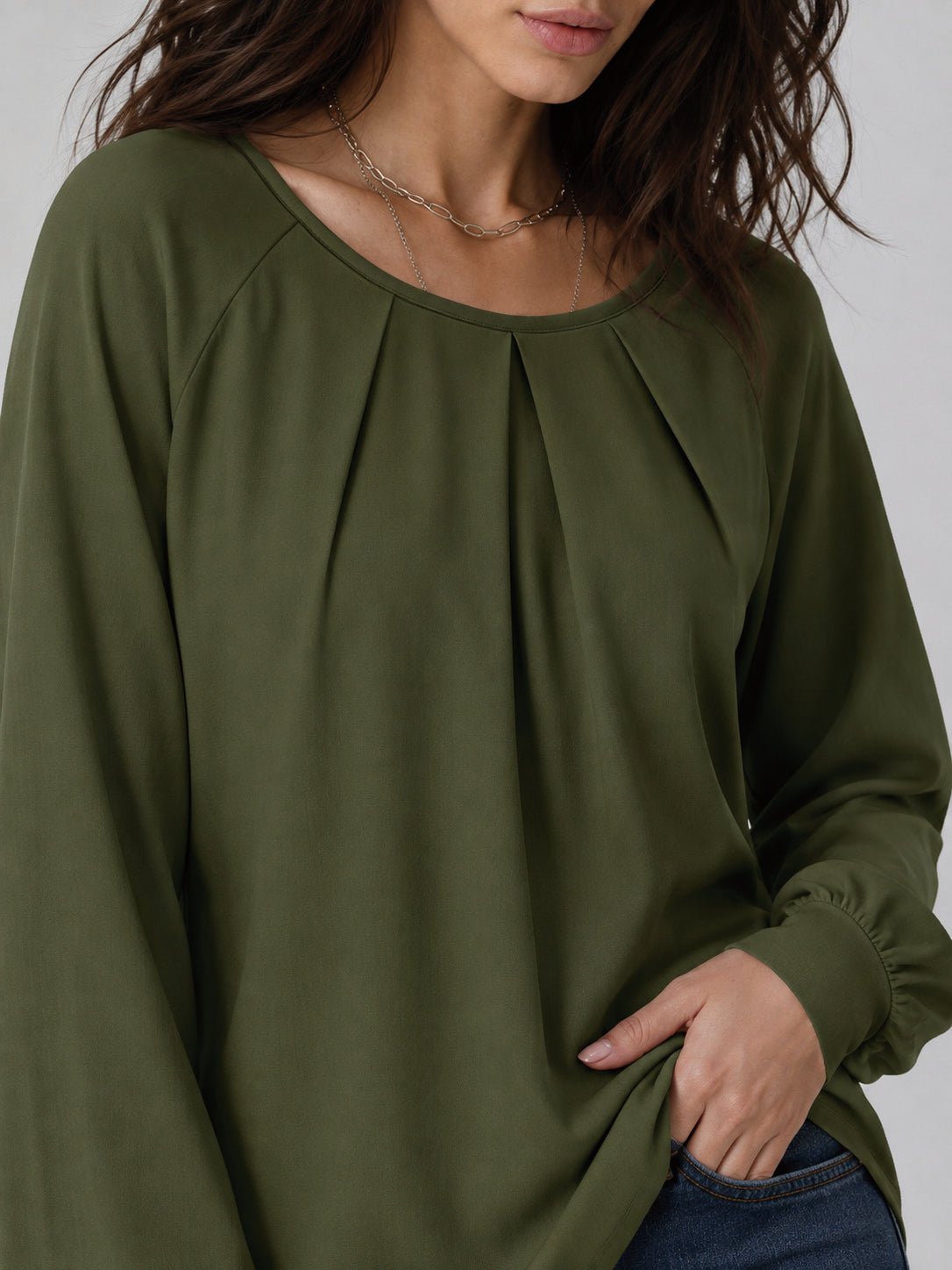 YUCOLEN Women's Lantern Sleeve Pleated Blouse Soft Cotton Rayon Dressy Casual Top in Army Green