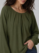 YUCOLEN Women's Lantern Sleeve Pleated Blouse Soft Cotton Rayon Dressy Casual Top in Army Green
