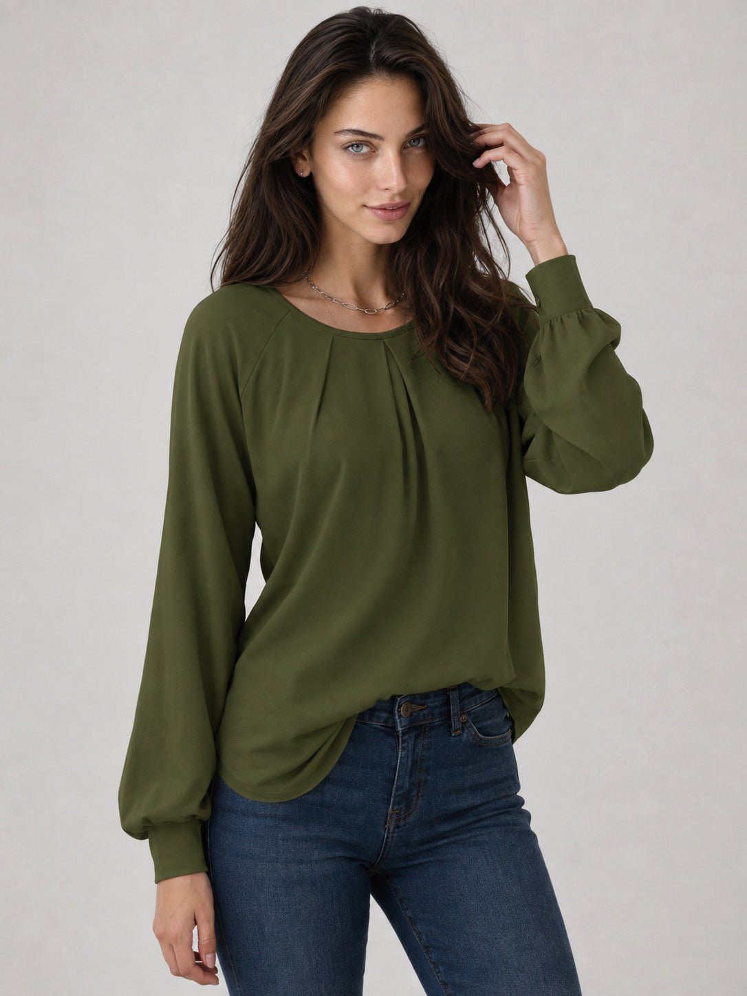 YUCOLEN Women's Lantern Sleeve Pleated Blouse Soft Cotton Rayon Dressy Casual Top in Army Green