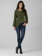 YUCOLEN Women's Lantern Sleeve Pleated Blouse Soft Cotton Rayon Dressy Casual Top in Army Green