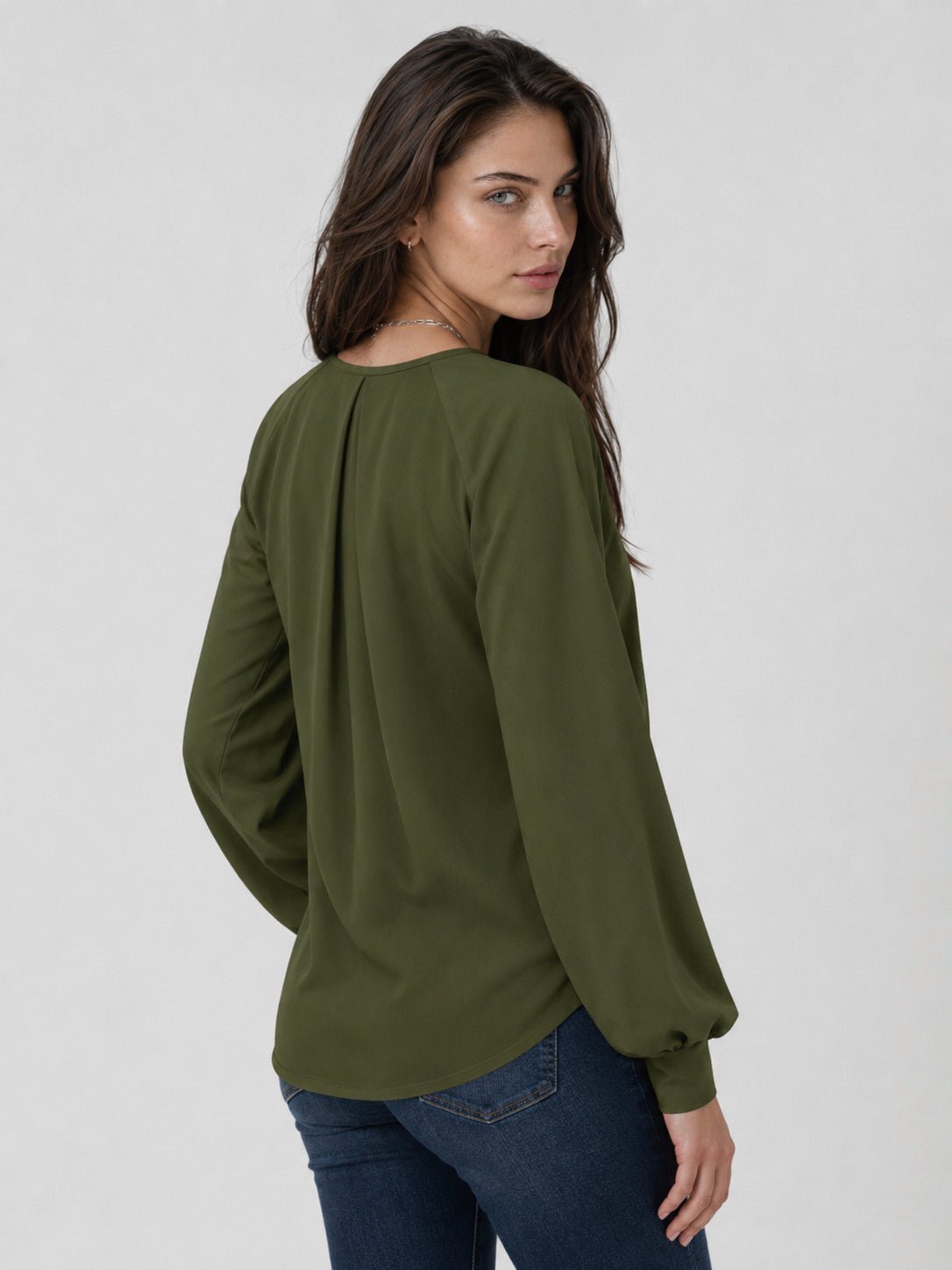 YUCOLEN Women's Lantern Sleeve Pleated Blouse Soft Cotton Rayon Dressy Casual Top in Army Green